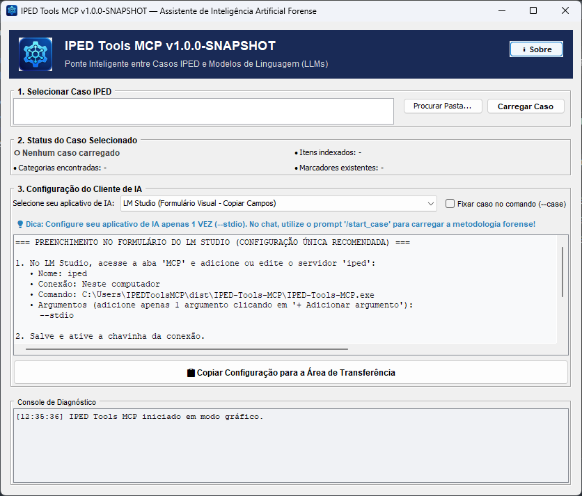 Captura de tela da Interface Gráfica do IPED-Tools MCP